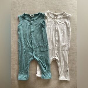 Set of Two Sleeveless Baby Rompers - Teal and White